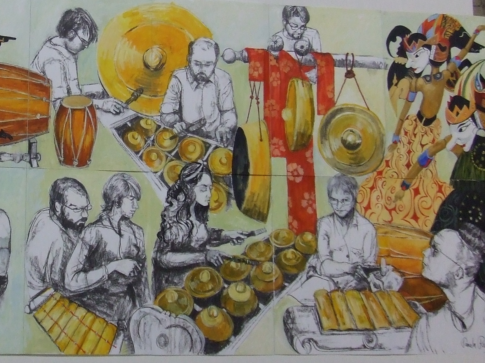 Paintings of gamelan instruments and players